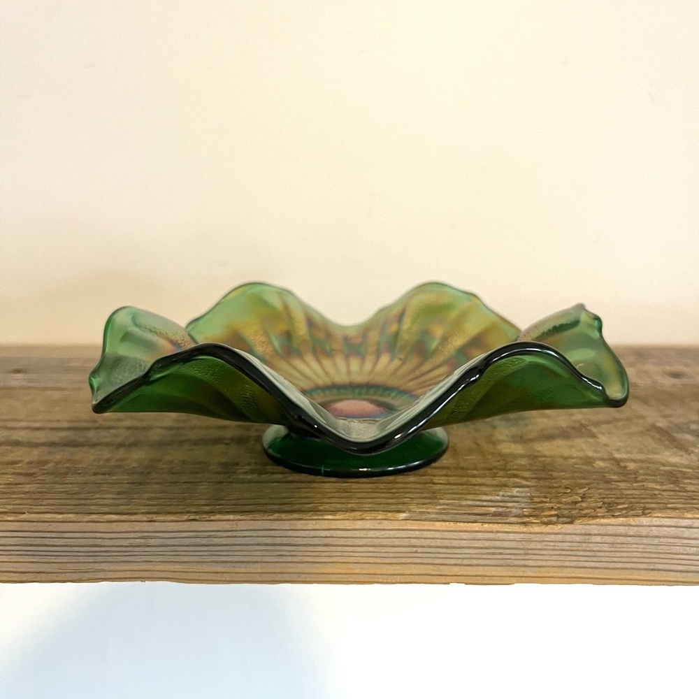 Green Fenton Carnival Glass Ruffled Bowl
